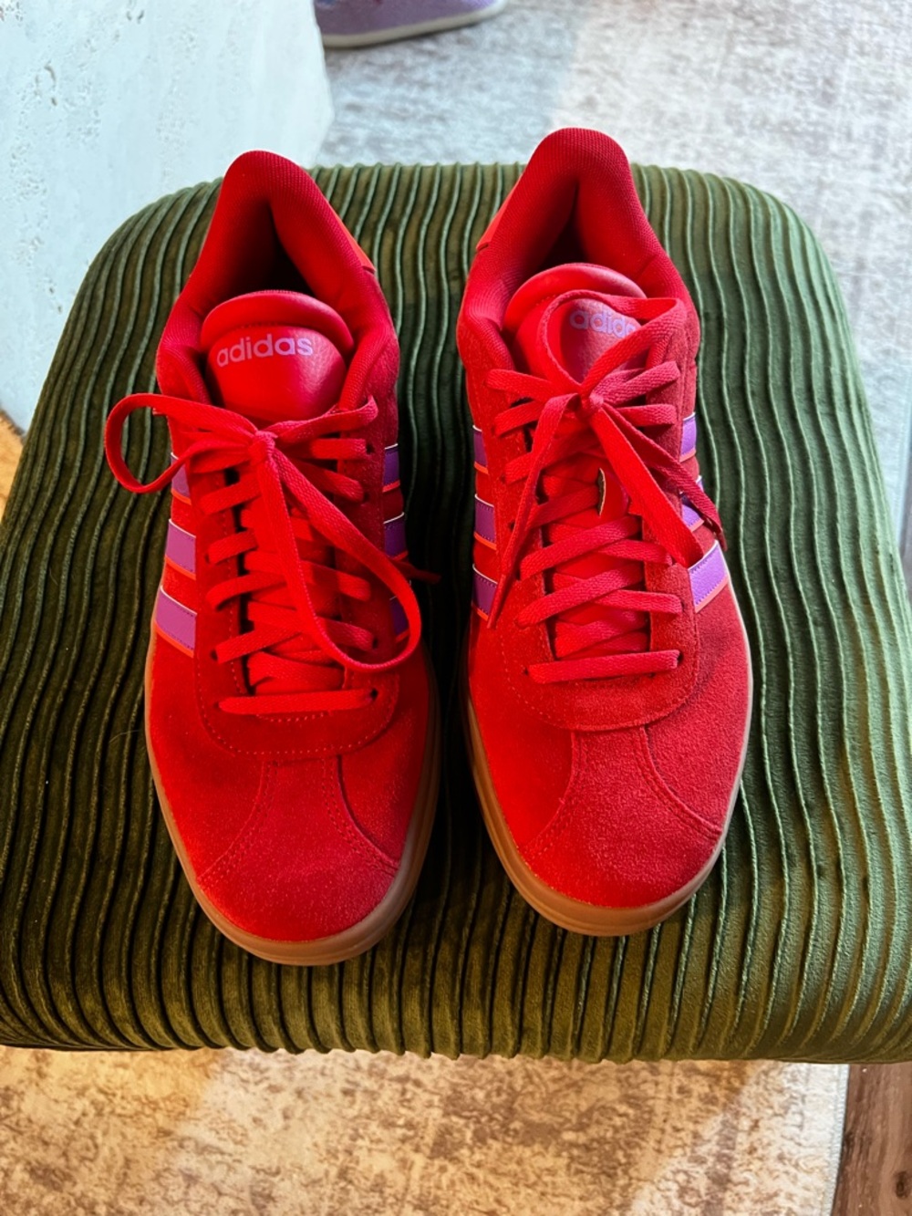 adidas Red Suede Sneakers with Pink Three Stripes
